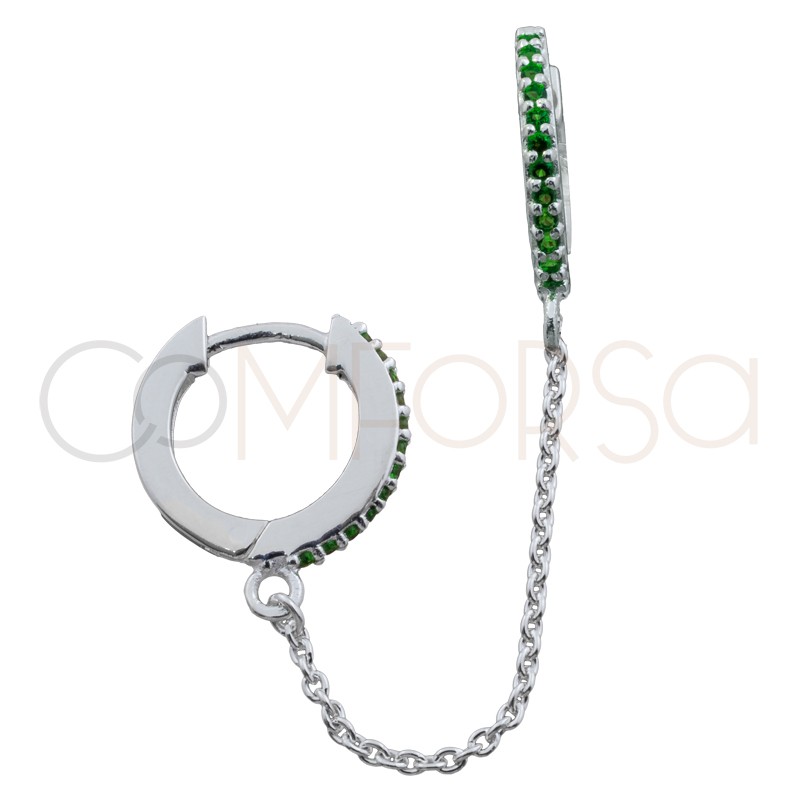 Pendiente doble aro 12mm circonita emerald y cadena plata 925