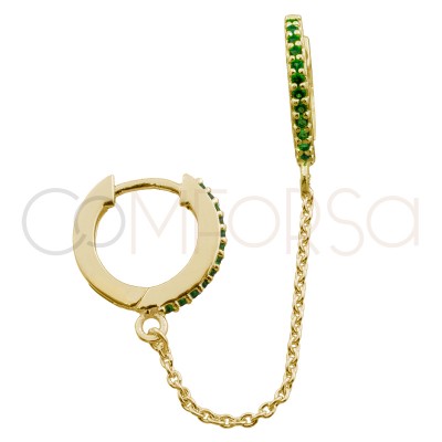 Pendiente doble aro 12mm circonita emerald y cadena plata chapada en oro