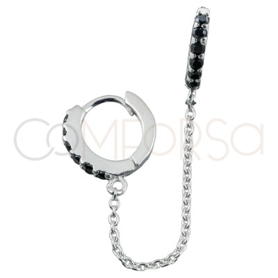 Sterling silver 925 double hoop earring with jet zirconias and chain