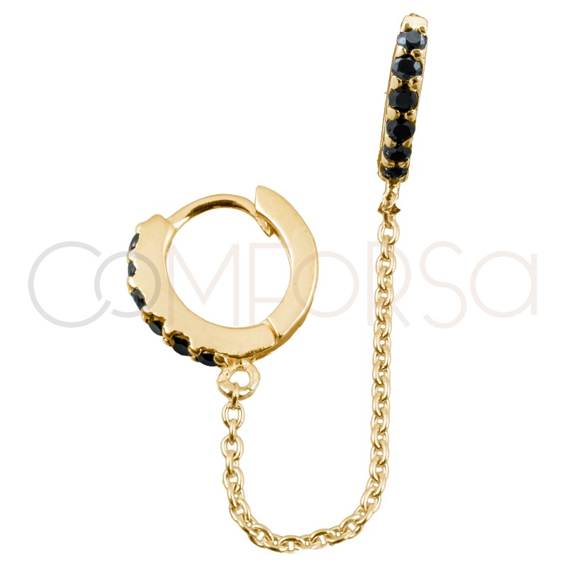 Sterling silver 925 gold-plated double hoop earring with jet zirconias and chain
