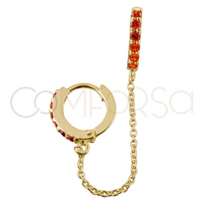 Sterling silver 925 gold-plated double hoop earring with orange zirconias and chain