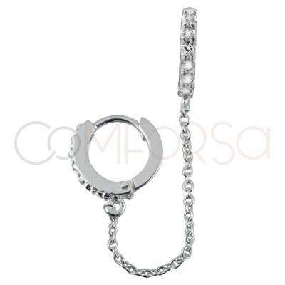 Sterling silver 925 double hoop earring with white zirconias and chain