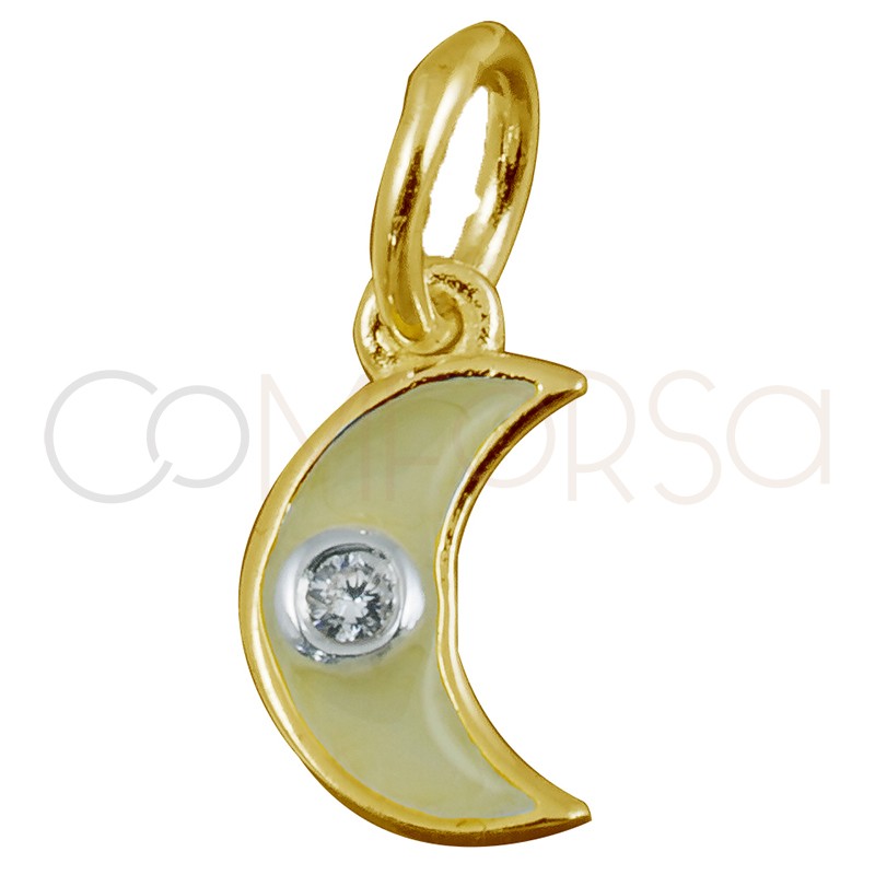 Colgante luna beige y circonita 8 x 5mm plata chapada oro