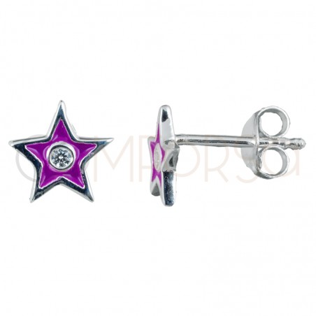 Pendiente mini estrella morada con circonita 7 x 7mm plata chapada en oro