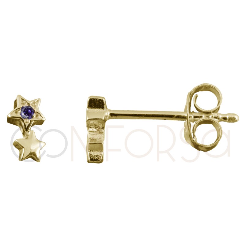 Sterling silver 925 gold-plated star earrings with amethyst zirconia 3.5x5.5mm