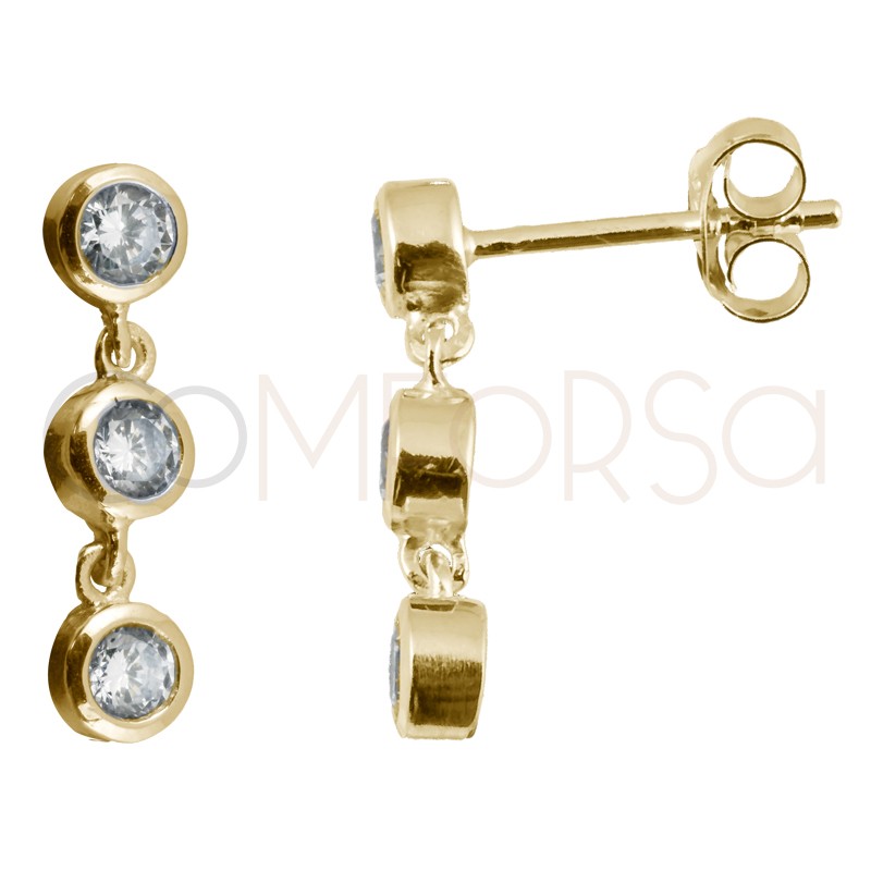 Pendiente triple circonita 14 x 4 mm plata chapada en oro