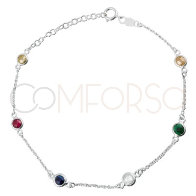 Pulsera 6 zirconias multicolores plata 925 ml baño de oro.