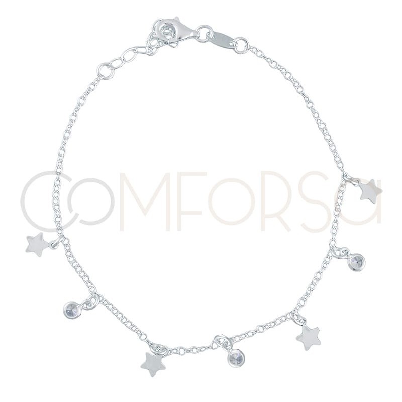 cadena estrellas  y circonitas 40cm + 5 cm plata 925