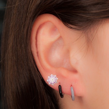 Sterling silver 925 mini hoop earrings with jet enamel 12 mm