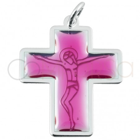 Medalla Cristo en la Cruz rosa 18 x 20mm plata 925