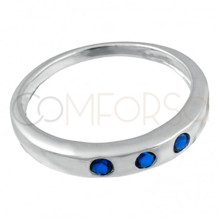 Anillo 3 circonitas en línea Blue plata 925