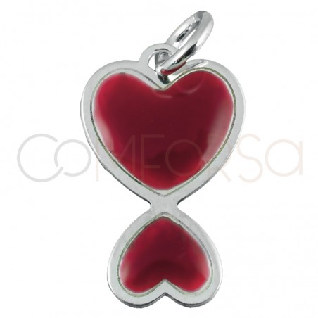 Sterling silver 925 enameled red double heart pendant 10x16mm