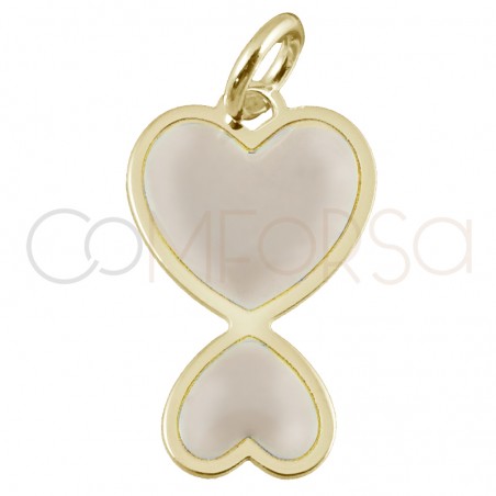 Dije doble corazón esmalte coconut cream 10x16mm plata 925 chapada en oro