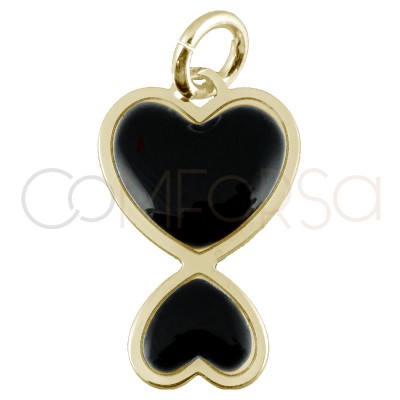 Sterling silver 925 enameled black double heart pendant 10x16mm