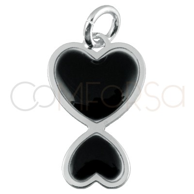 Gold-plated sterling silver 925 enameled black double heart pendant 10x16mm