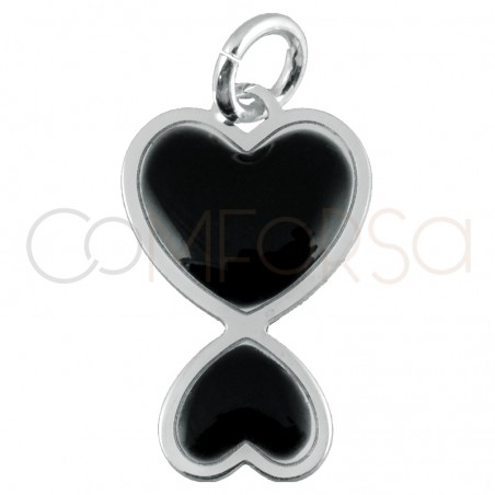 Dije doble corazón esmalte negro 10x16mm plata 925 chapada en oro