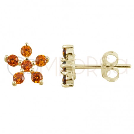 Pendiente flor 5 circonitas Orange 8x8mm plata 925 chapada en oro