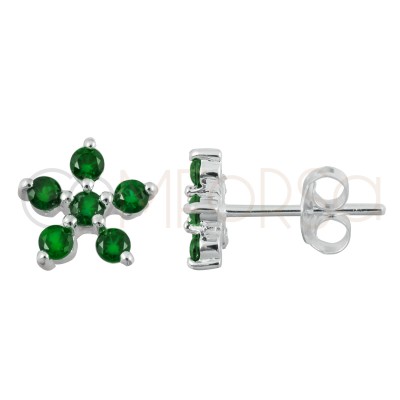 Pendiente flor 5 circonitas Green 8x8mm plata 925 chapada en oro