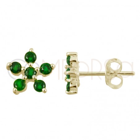 Pendiente flor 5 circonitas Green 8x8mm plata 925 chapada en oro