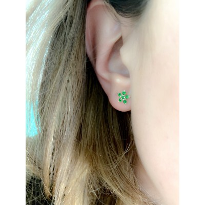 Pendiente flor 5 circonitas Green 8x8mm plata 925 chapada en oro