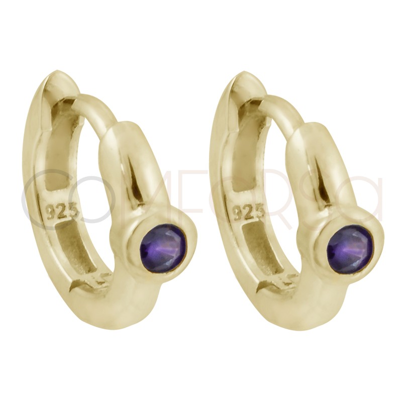 Pendiente aro circonita Amethyst 12mm plata 925 chapado en oro