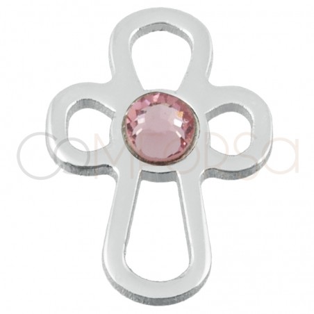 Sterling silver 925 pale pink cross openwork connector 6 x 9mm