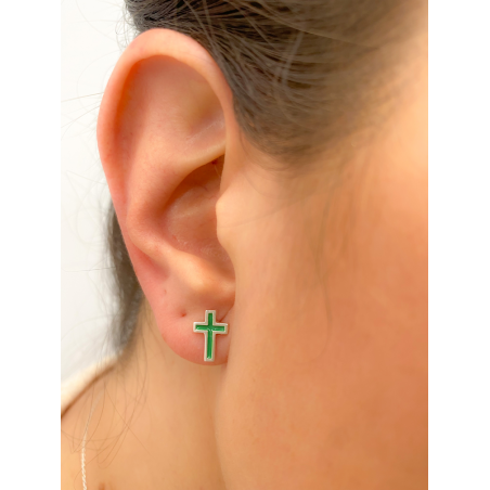 Sterling silver 925 cross earrings with Green enamel 7x10mm