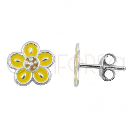 Aretes flor color amarilla 8mm Plata 925