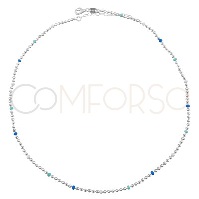 Gold-plated sterling silver 925 choker with blue enameled balls 40 cm + 5 cm