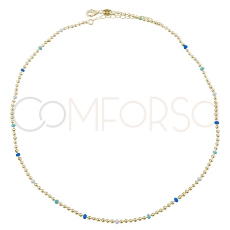 Gold-plated sterling silver 925 choker with blue enameled balls 40 cm + 5 cm