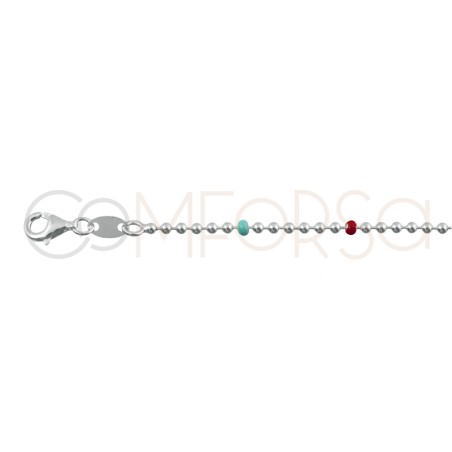 Sterling silver 925 anklet with green, coral and lilac balls 21.5cm + 4.5cm