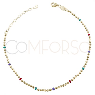 Sterling silver 925 anklet with green, coral and lilac balls 21.5cm + 4.5cm