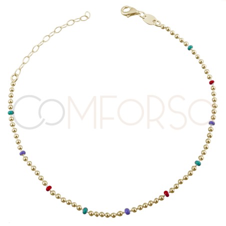 Sterling silver 925 anklet with green, coral and lilac balls 21.5cm + 4.5cm