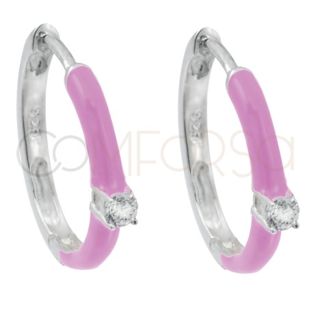 Arracadas esmalte rosa y circonita 18mm Plata 925