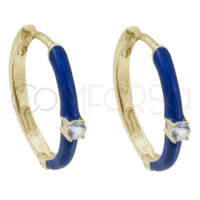 Pendiente aro esmalte azul y circonita 18mm Plata 925 chapada en oro