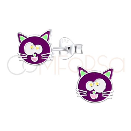 Sterling silver 925 enameled black cat earrings 8 x 9mm