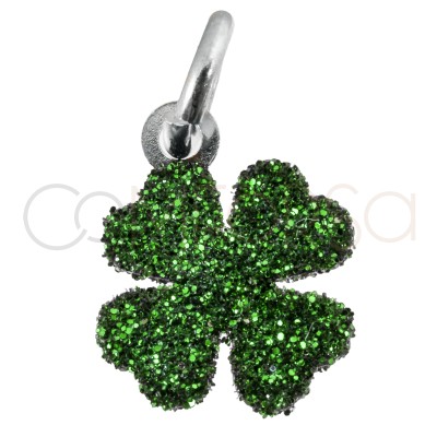 Dije trébol glitter verde 8x8mm plata 925 chapada en oro