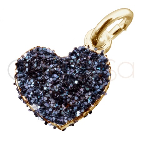 Dije corazón glitter negro 8.5mm plata 925 chapada en oro