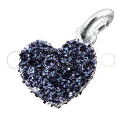 Dije corazón glitter negro 8.5mm plata 925 chapada en oro