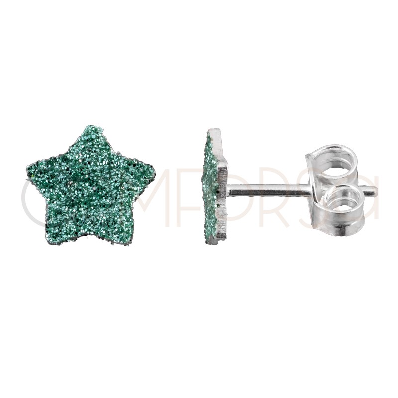 Pendiente estrella glitter mint 8mm plata 925