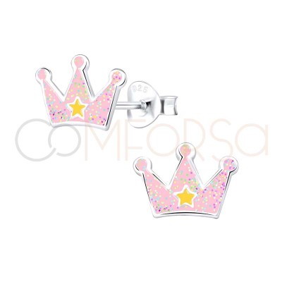 Pendiente corona de princesa rosa claro 10x7mm Plata 925