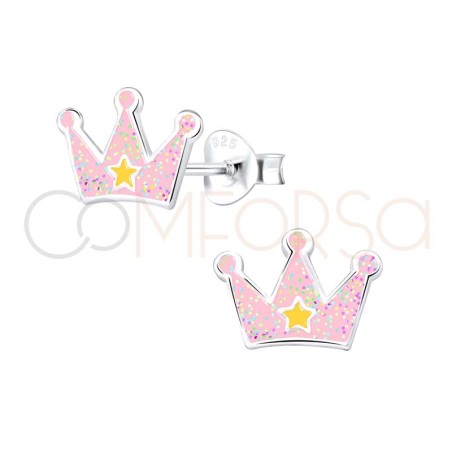 Arete corona de princesa rosa claro 10x7mm Plata 925