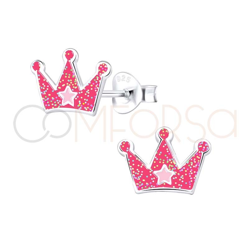 Pendiente corona de princesa rosa fucsia 10x7mm Plata 925