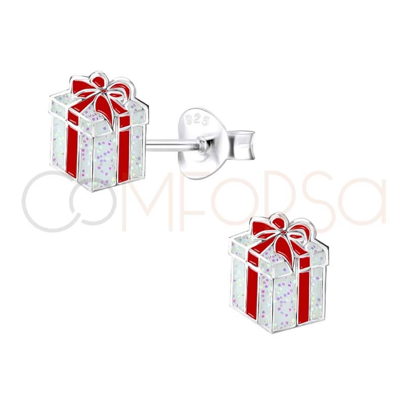 Pendiente caja regalo de Navidad glitter 7x8mm Plata 925