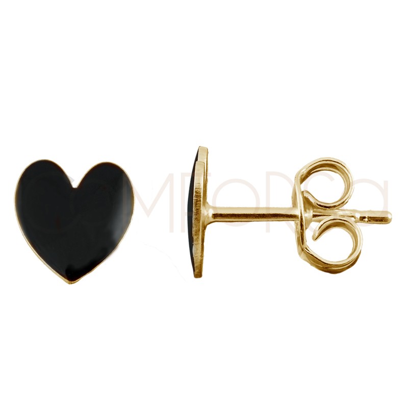 Pendiente corazón con esmalte negro 7x8mm Plata 925 chapada en oro