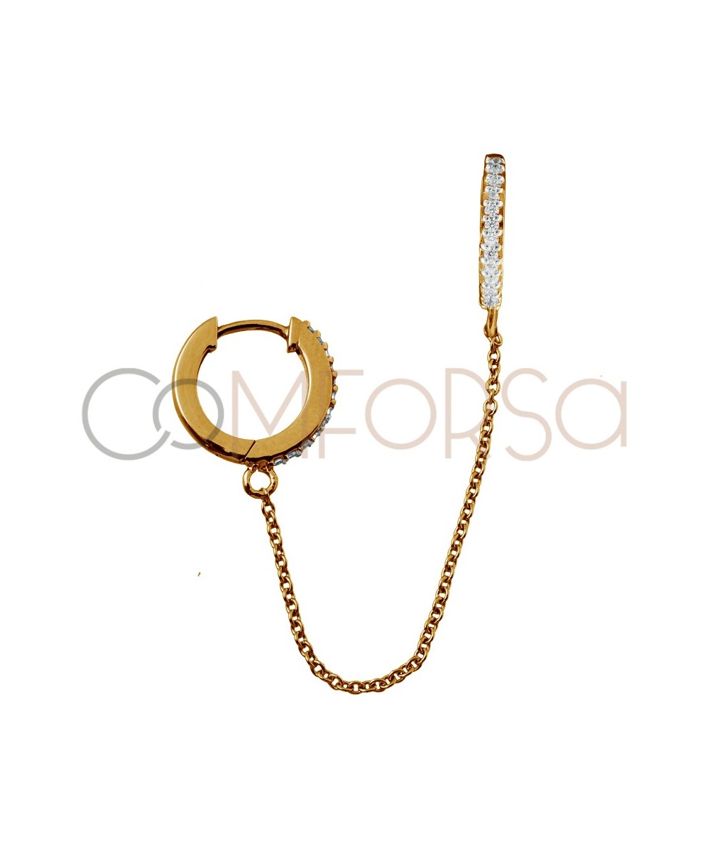 Pendiente doble aro 11mm circonitas y cadena plata 925 chapada en oro