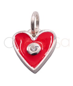 Sterling silver 925 red enameled heart pendant with zirconia 8 x 10mm