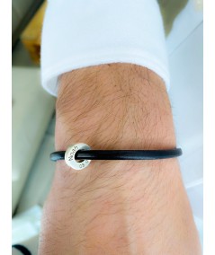 Black leather bracelet with customizable sterling silver donut