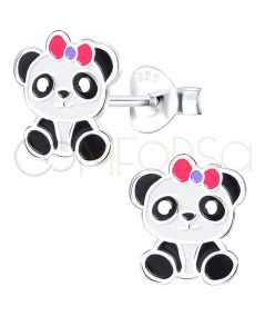 Sterling silver 925 panda with bow earrings 8 x 6mm