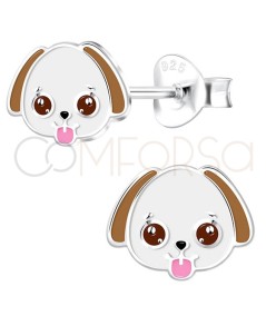 Sterling silver 925 white & brown dog earrings 8 x 6mm